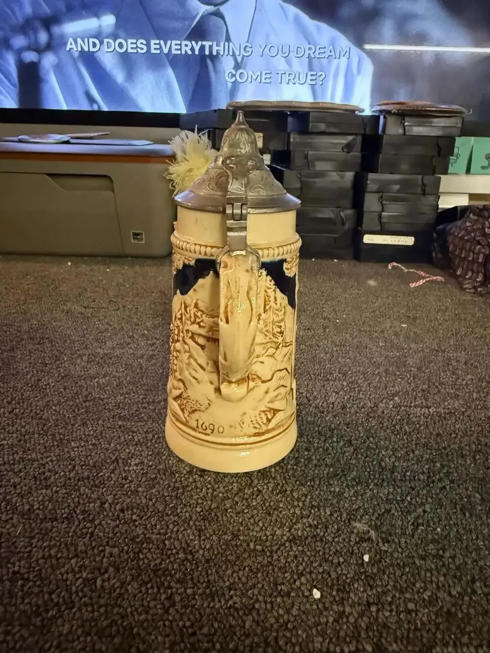 Vintage German Ceramic Beer Stein with Pewter Lid and Relief Detail